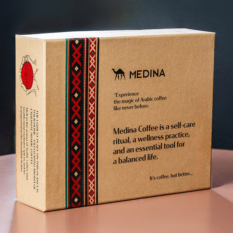 arabic coffee gift set box frontal view with printed quotes and wishes