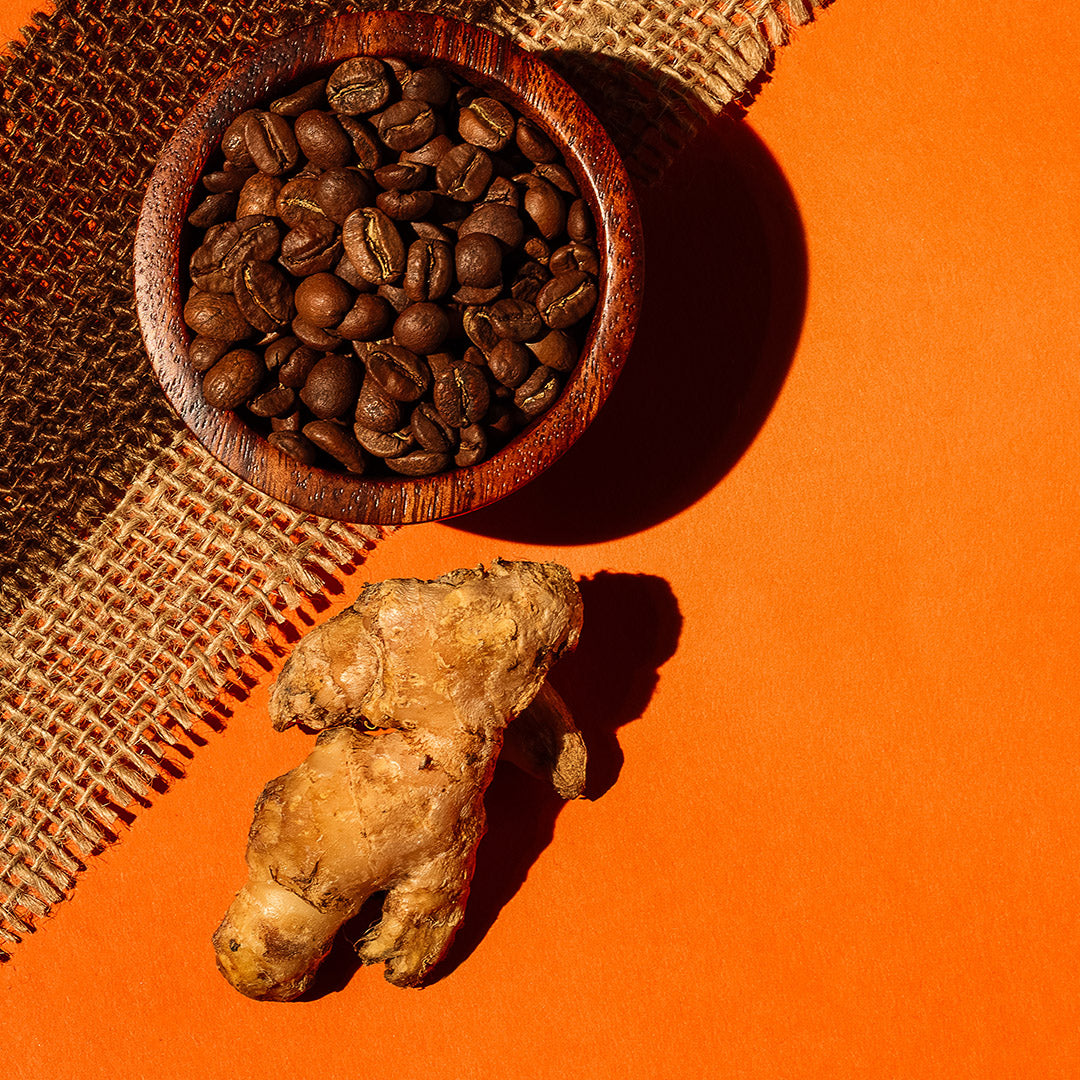 coffee in wooden bowl and ginger