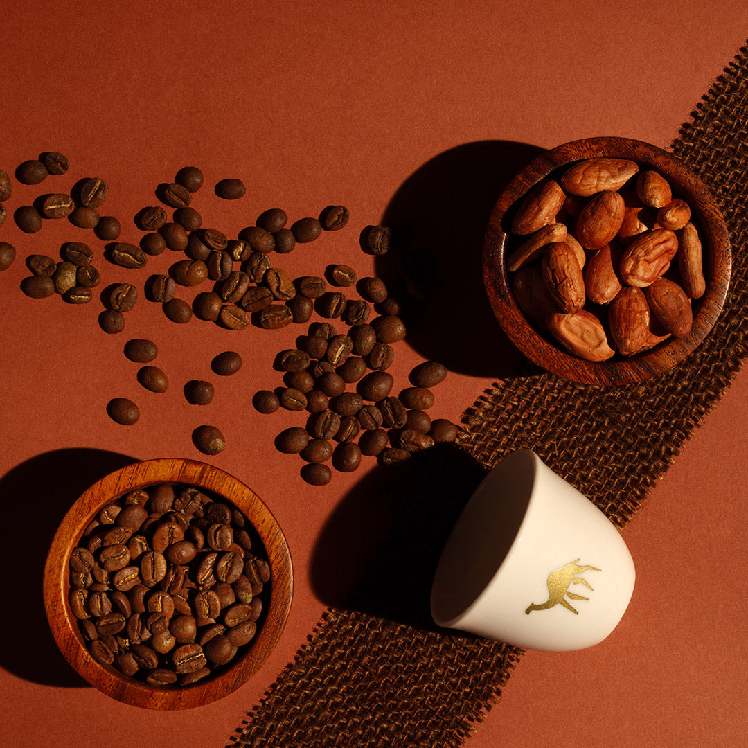 Lebanese Coffee Beans and Cacao in wooden bowl